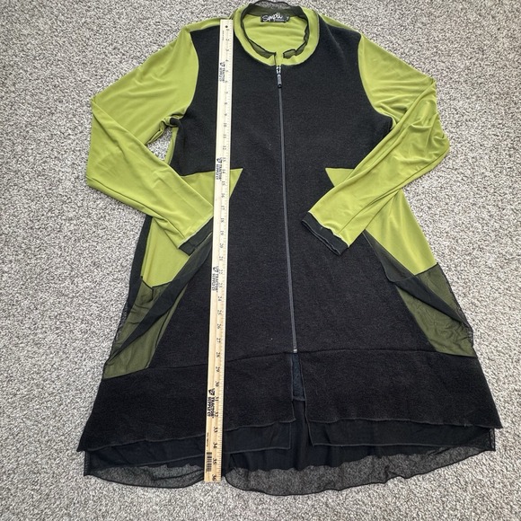 Sympli Fuzzy Tunic Zipper Cardigan Multi Fabrics Green/Black Zippered Pockets 14 - Picture 6 of 7